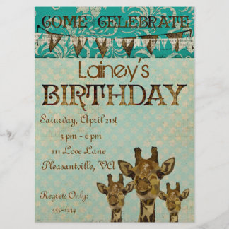 Golden Damask Giraffes Blue  Birthday Invitation