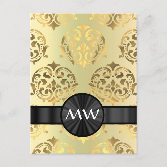 Golden damask monogrammed postcard (Front)