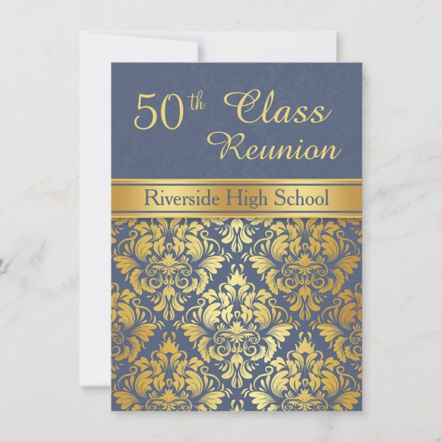 Golden damask on blue 50th Class Reunion Invite (Front)