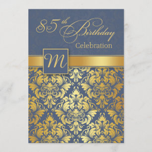 Golden damask on blue 85th Birthday Party Invite