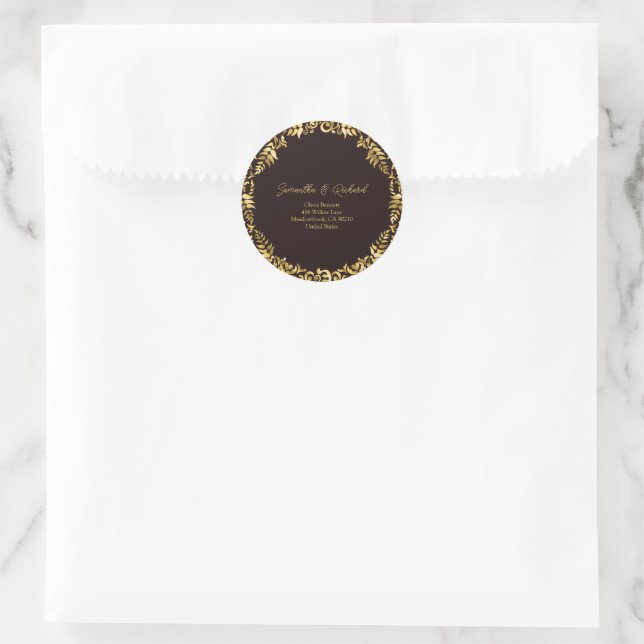 Golden damask return address  classic round sticker (Bag)