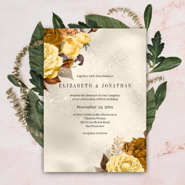 Golden Damask Rose Wedding Invitation (Creator Uploaded)