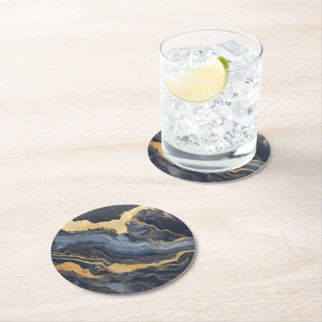 Golden Dark Blue Marble Pattern Round Paper Coaster (Insitu)