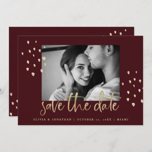 Golden Date   Gold Script Burgundy with Photo Save The Date