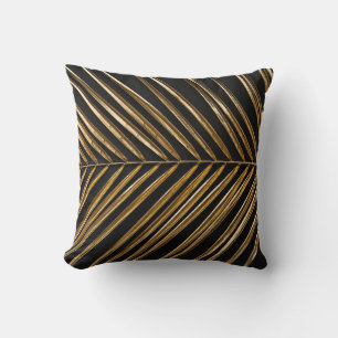 Golden Date Palm Leaf: Black Minimalist Cushion