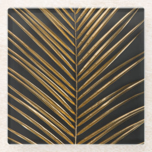 Golden Date Palm: Minimalist Black Background Glass Coaster