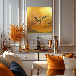 Golden Dawn: Elegant Asian-Inspired Square Wall Clock
