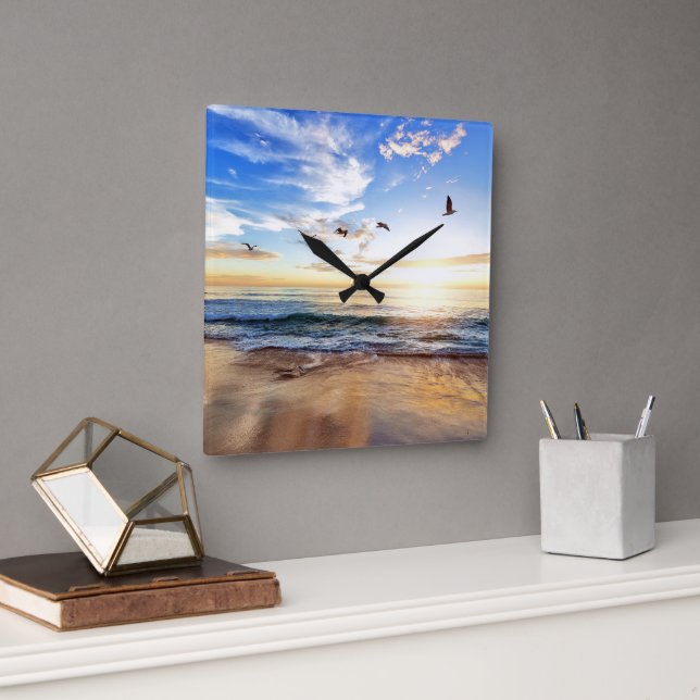 Golden Dawn: Solitude by the Sea Square Wall Clock (Office)
