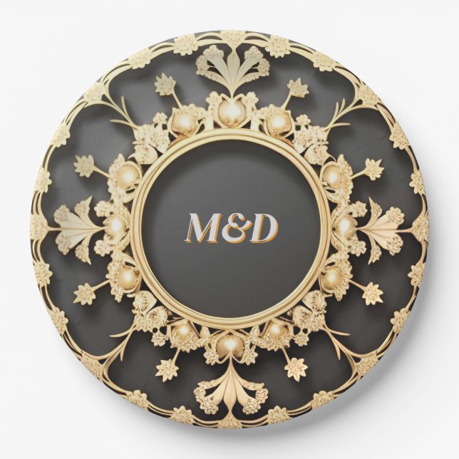 Golden Decorative Floral Wreath Paper Plate (Front)