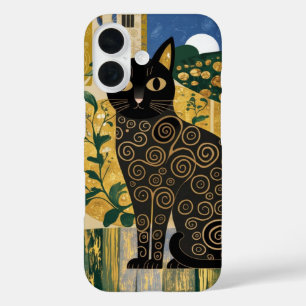 Golden Decorative Gustav Klimt Style Black Cat Art iPhone 16 Case