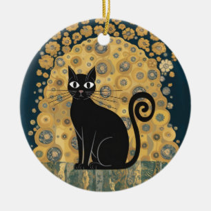 Golden Decorative Gustav Klimt Style Black Cat Art Ceramic Ornament
