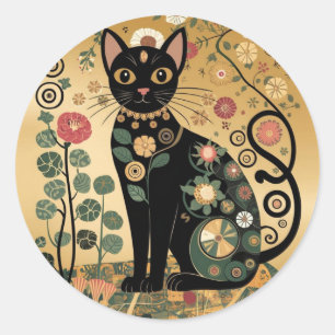 Golden Decorative Gustav Klimt Style Black Cat Art Classic Round Sticker