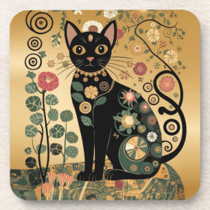 Golden Decorative Gustav Klimt Style Black Cat Art Coaster