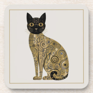 Golden Decorative Gustav Klimt Style Black Cat Art Coaster