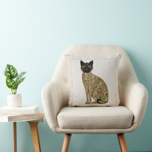 Golden Decorative Gustav Klimt Style Black Cat Art Cushion