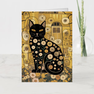 Golden Decorative Gustav Klimt Style Black Cat Art Foil Greeting Card