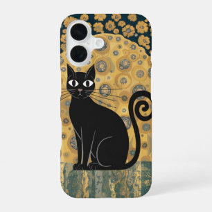Golden Decorative Gustav Klimt Style Black Cat Art iPhone 16 Case