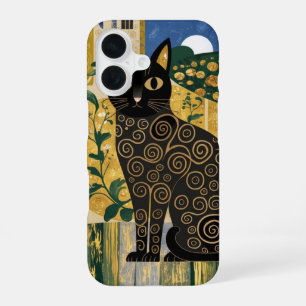 Golden Decorative Gustav Klimt Style Black Cat Art iPhone 16 Case