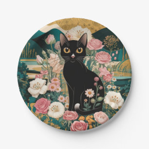 Golden Decorative Gustav Klimt Style Black Cat Art Paper Plate