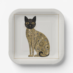 Golden Decorative Gustav Klimt Style Black Cat Art Paper Plate