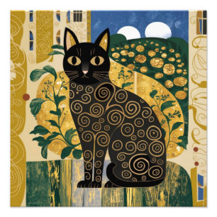 Golden Decorative Gustav Klimt Style Black Cat Art Photo Print