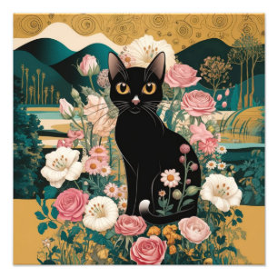 Golden Decorative Gustav Klimt Style Black Cat Art Photo Print