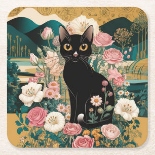 Golden Decorative Gustav Klimt Style Black Cat Art Square Paper Coaster