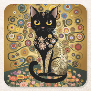 Golden Decorative Gustav Klimt Style Black Cat Art Square Paper Coaster
