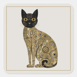 Golden Decorative Gustav Klimt Style Black Cat Art Square Sticker