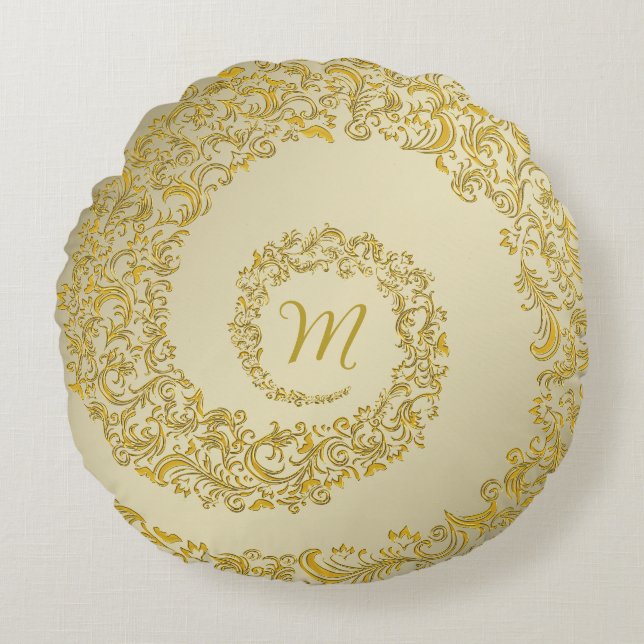Golden Decorative Monogram Round Cushion (Front)