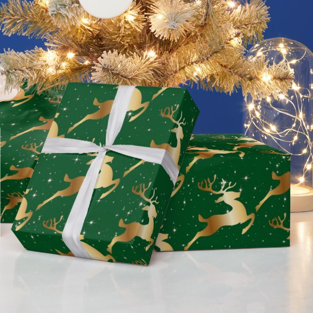Golden Deer on Green  Wrapping Paper (Holidays)