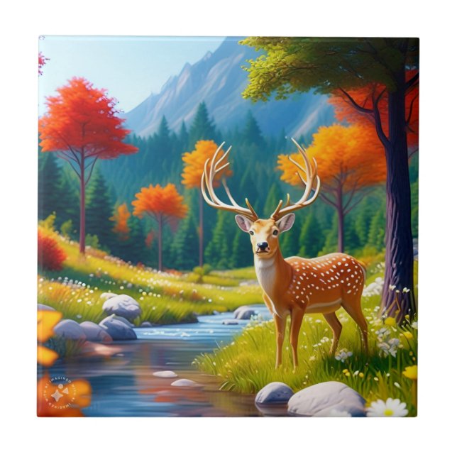 Golden Deer Standing in The Forest-987679 Ceramic Tile (Front)