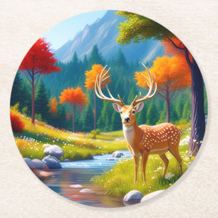 Golden Deer Standing in The Forest-987679 Round Paper Coaster