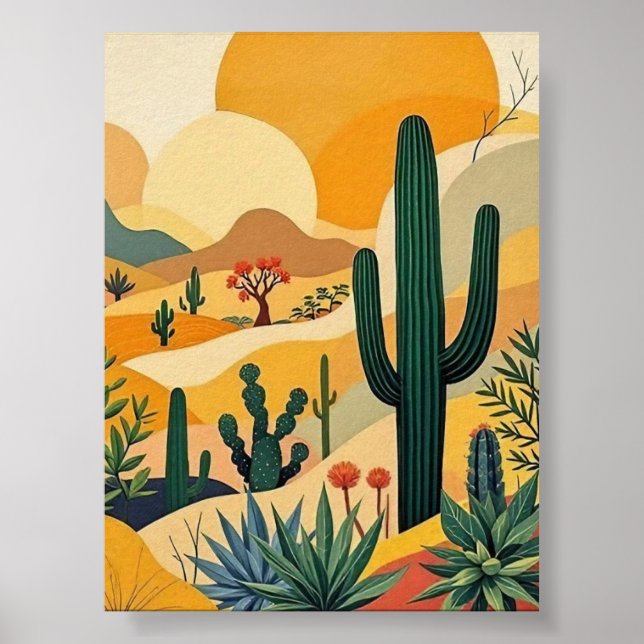 Golden Desert Cactus Sunset Landscape Art Poster (Front)