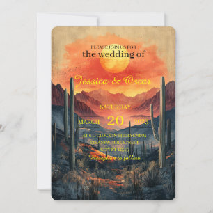 Golden Desert Landscape with Silhouetted Cacti Invitation