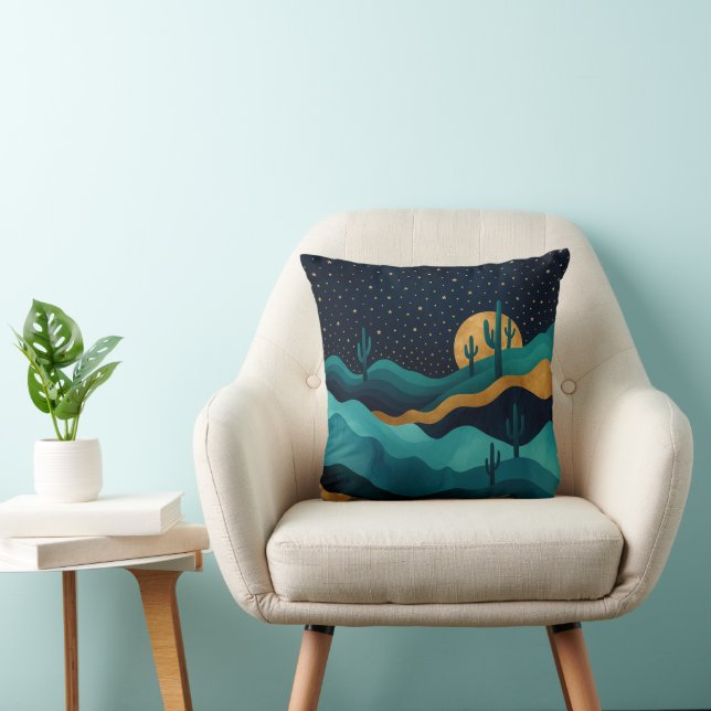  Golden Desert Nightscape – Abstract Cactus Art Cushion (Chair)
