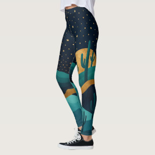 Golden Desert Nightscape – Abstract Cactus Art Leggings