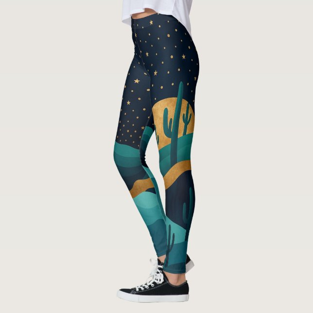  Golden Desert Nightscape – Abstract Cactus Art Leggings (Left)
