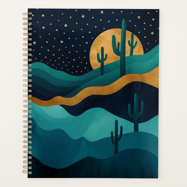  Golden Desert Nightscape – Abstract Cactus Art Planner (Front)