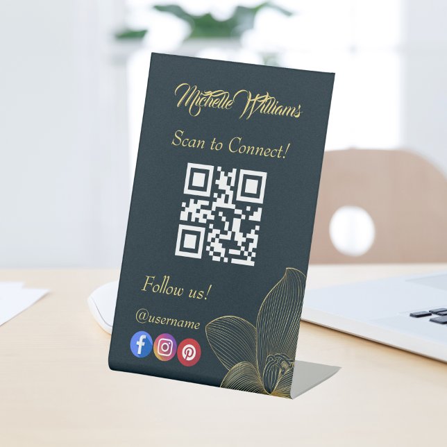 Golden Details Aesthetician Qr Code Social Media  Pedestal Sign (Esthetician Black White Gray Grey Qr Code Pedestal Sign)