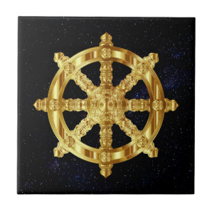 Golden Dharma Wheel Buddhism And Hinduism Symbol Ceramic Tile