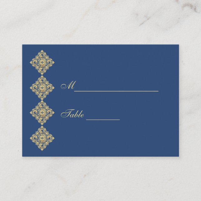 Golden Diamond Damask Blue Table Place Setting Card (Front)