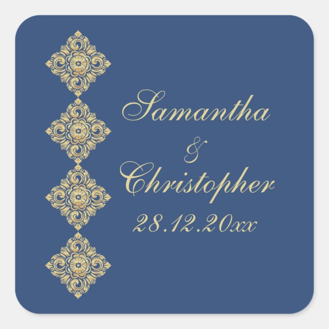Golden Diamond Damask Blue Wedding Square Sticker (Front)