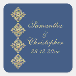 Golden Diamond Damask Blue Wedding Square Sticker