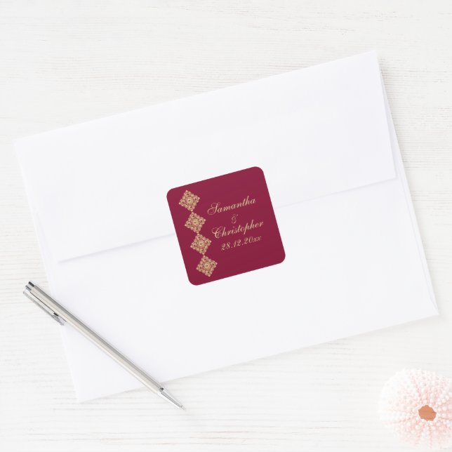 Golden Diamond Damask Wedding Square Sticker (Envelope)