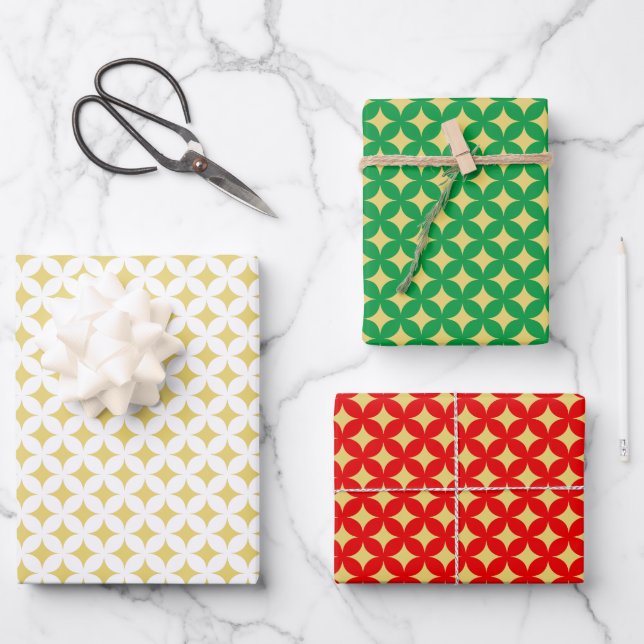Golden Diamond Star on Green, Red & White Wrapping Paper Sheet (Front)
