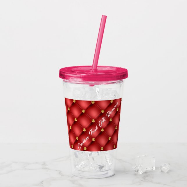 Golden Diamond Tufted Leather Custom Text Name Red Acrylic Tumbler (Back Ice)