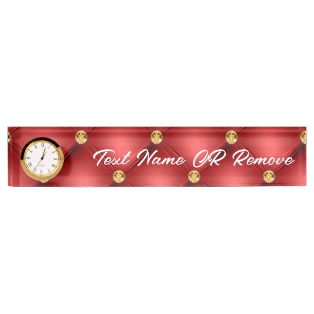 Golden Diamond Tufted Leather Custom Text Name Red Nameplate (Front)