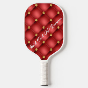 Golden Diamond Tufted Leather Custom Text Name Red Pickleball Paddle