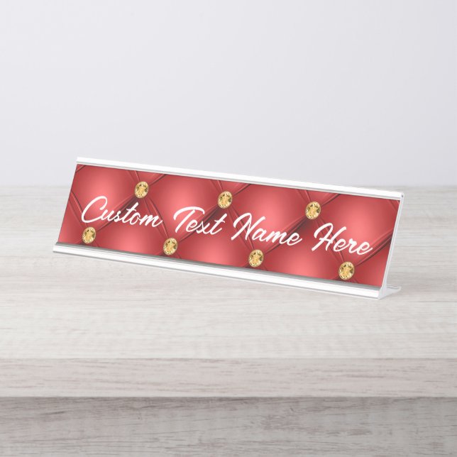 Golden Diamond Tufted Leather Your Text Name Red Desk Name Plate (Front)